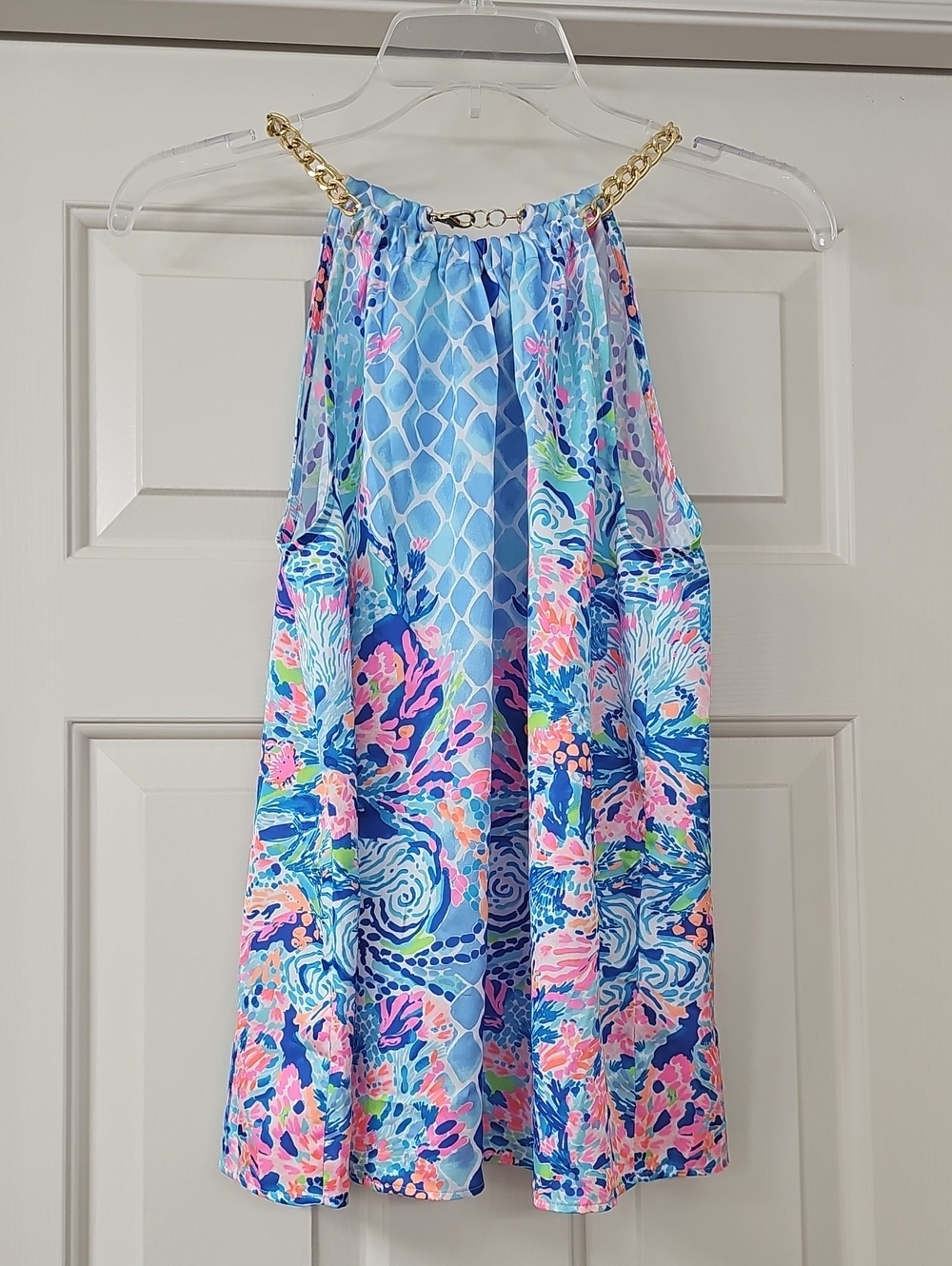 Lilly Pulitzer Blue Multicolor Floral Halter Dress with Gold Chain